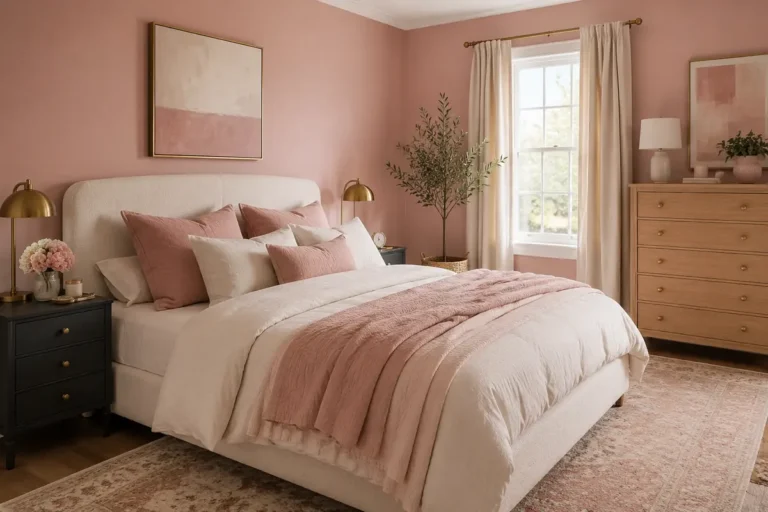 Stylish adult bedroom with dusty pink walls, layered blush and cream bedding, black nightstands, and a warm oak dresser.
