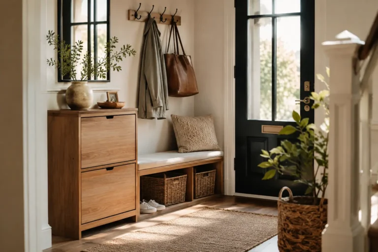Small organized entryway with slim wooden shoe cabinet, storage bench, wall hooks, woven baskets, mirror, and black front door.