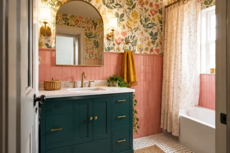 Colorful bathroom with a deep teal vanity, coral tiles, floral wallpaper, brass fixtures, and a white bathtub.