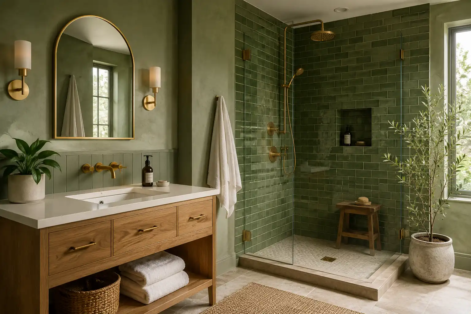 Realistic green bathroom with oak vanity, arched brass mirror, sage walls, dark green tiled shower, brass fixtures and natural wood accents.