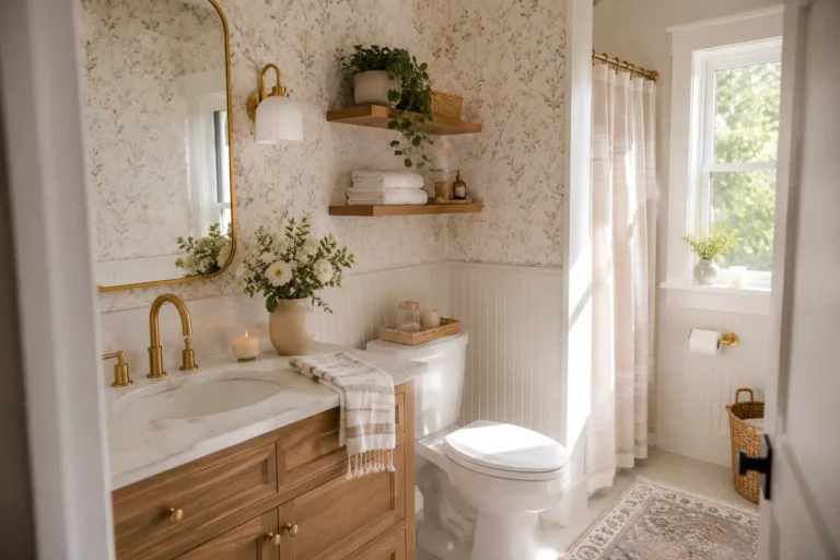 Warm and inviting guest bathroom with floral wallpaper, wood vanity, brass fixtures, floating shelves, folded towels, greenery, woven accents, and natural light.