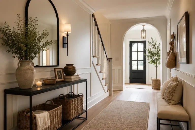 Warm neutral hallway entryway with black console table, oversized arched mirror, woven baskets, upholstered bench, runner rug, greenery, and an arched doorway with a black front door.