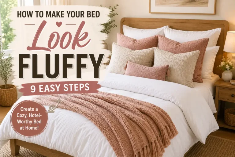 Fluffy white bed styled with blush and cream pillows, a chunky knit throw, and text overlay reading “How to Make Your Bed Look Fluffy – 9 Easy Steps” in a warm neutral bedroom.