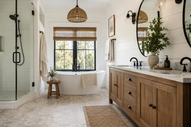 Modern farmhouse bathroom with warm wood vanity, white shiplap walls, freestanding tub, black fixtures, woven pendant light, and natural greenery