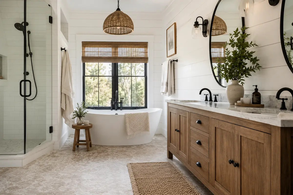 Modern farmhouse bathroom with warm wood vanity, white shiplap walls, freestanding tub, black fixtures, woven pendant light, and natural greenery
