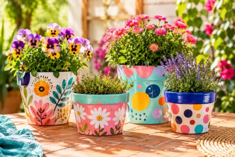 Colorful hand-painted flower pots with vivid floral, polka dot, and abstract designs filled with bright garden flowers on a sunny patio table.