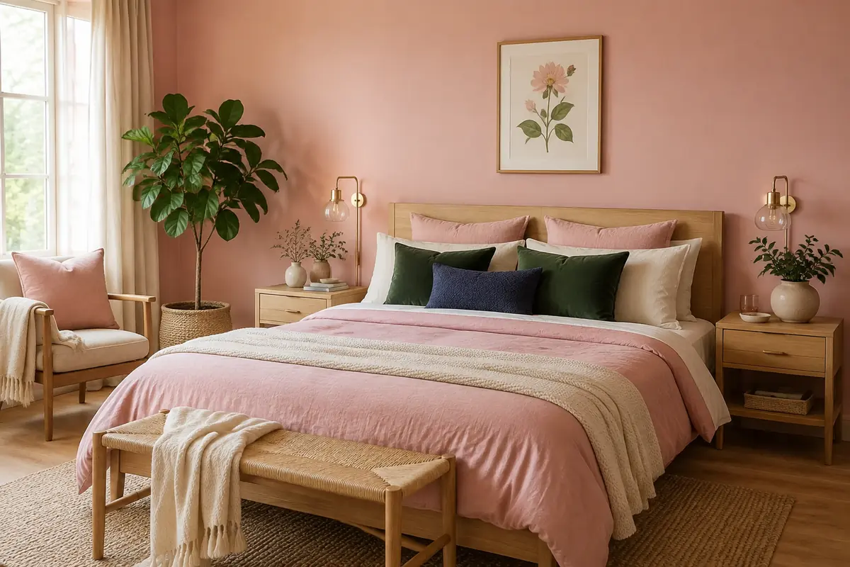 Rose pink bedroom with light oak furniture, blush bedding and green accents.