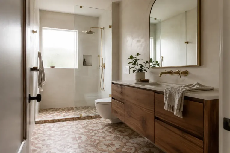 Bright small bathroom with a floating walnut vanity, arched mirror, frameless glass shower, and terracotta patterned floor tiles.
