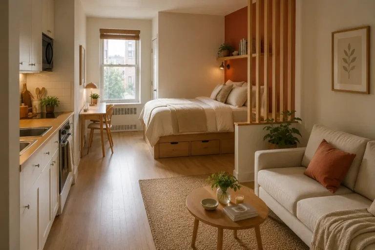 Small studio apartment with a slatted bed nook, built-in storage, compact kitchen, cream sofa, and warm wood accents.