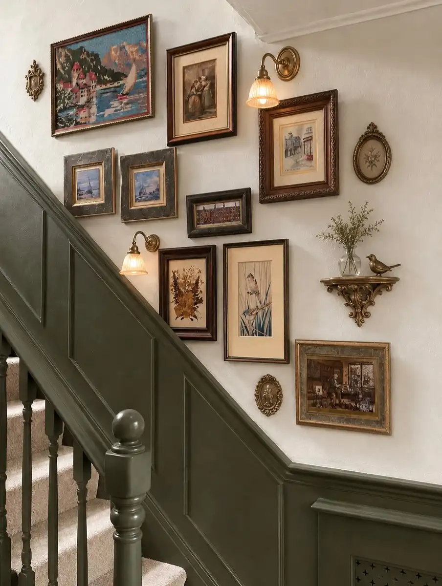 Vintage staircase gallery wall with mixed framed artwork, warm sconces, and dark wood accents