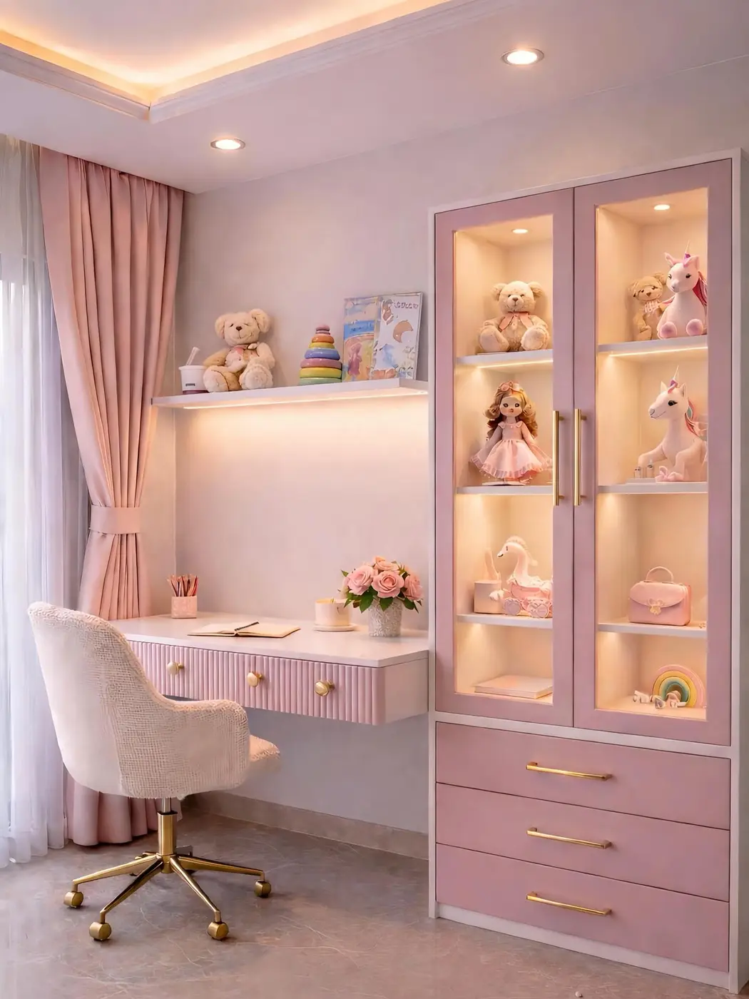 Pink glass-front cabinet displaying teddy bears and toys beside a white desk in a little girl's bedroom