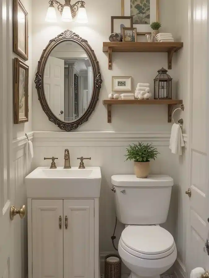 01 Wood floating shelves above a toilet with folded towels, framed art, and a small plant