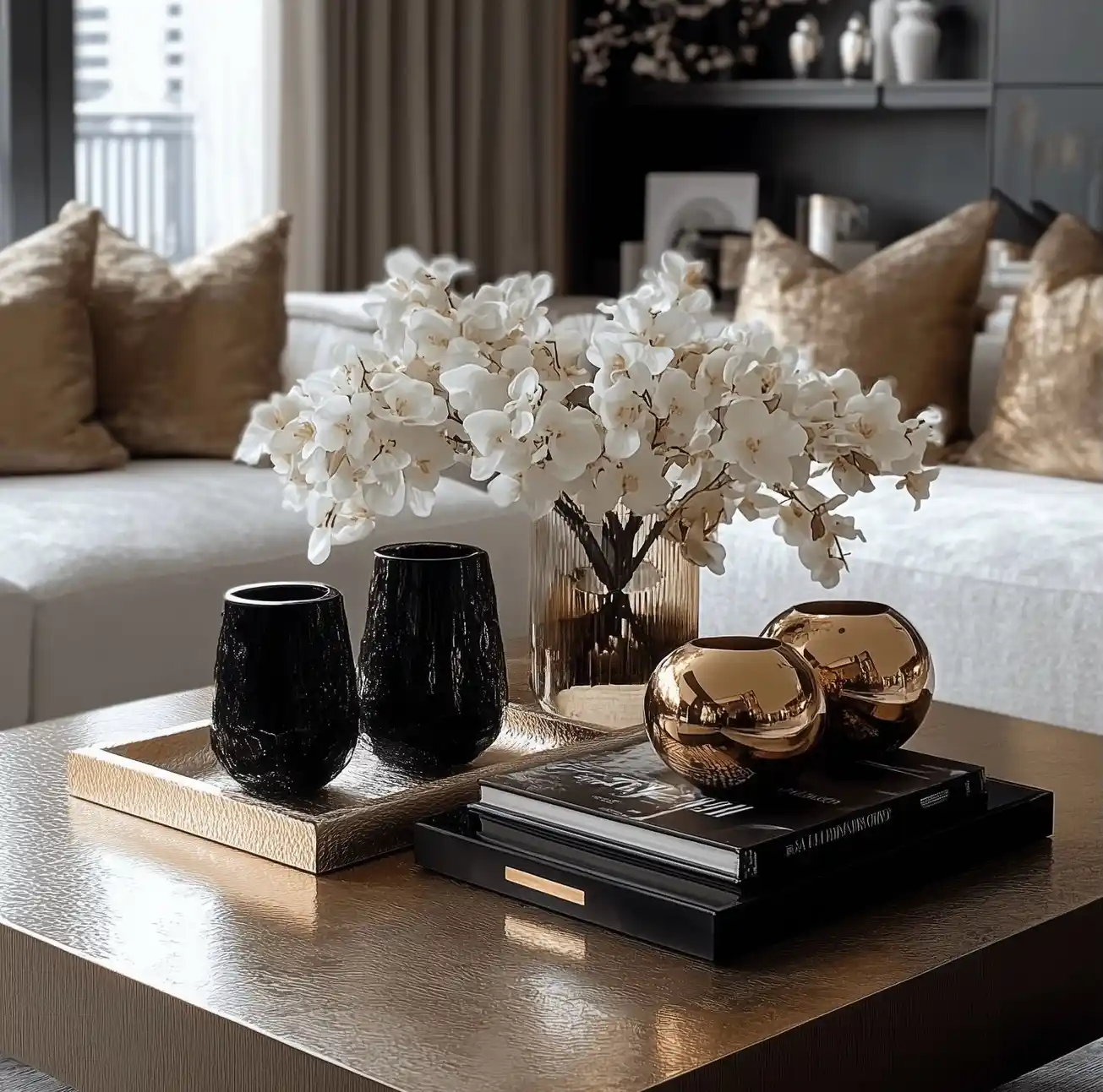 Black and gold coffee table decor with white flowers, stacked books, dark vases, and gold accents