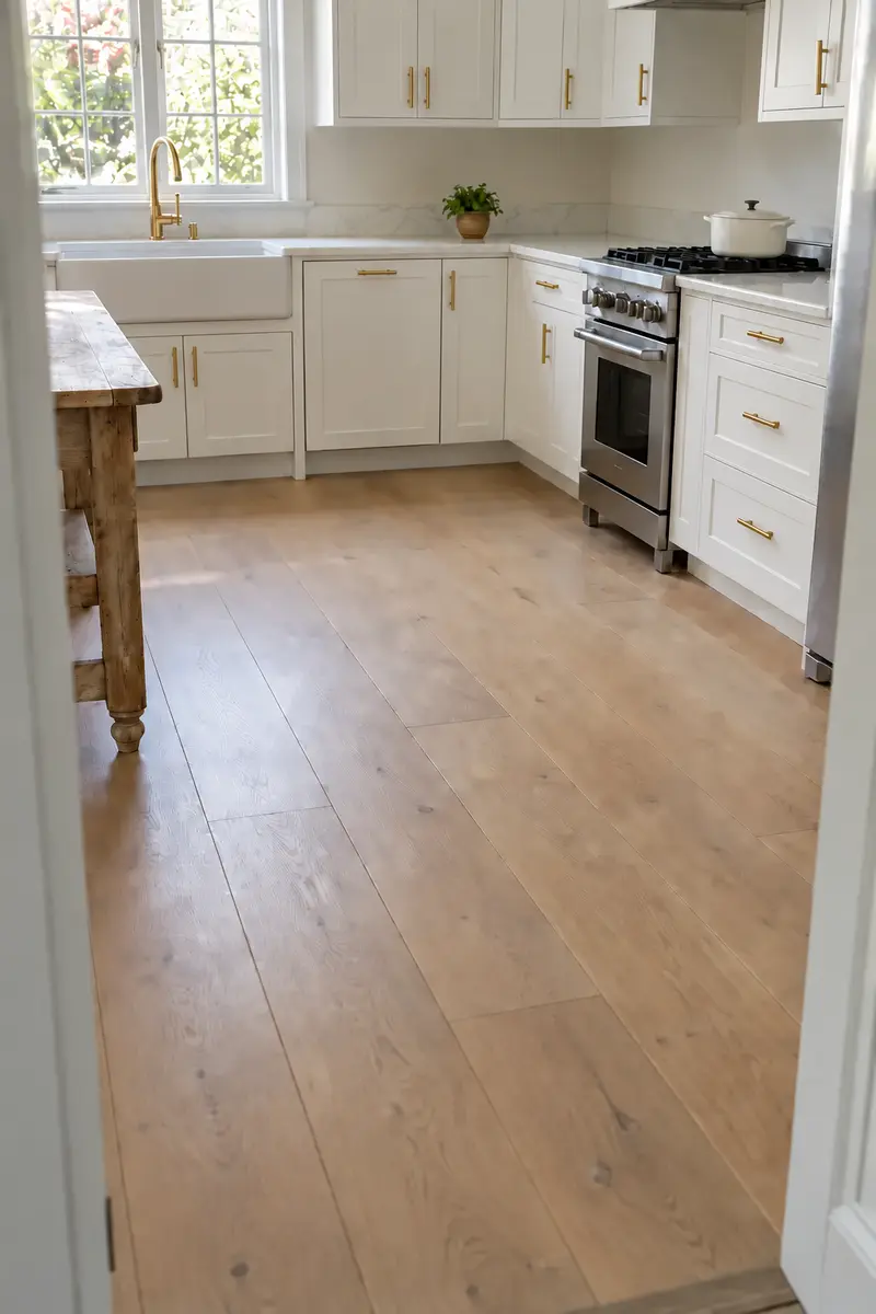 Pale oak flooring with white kitchen cabinets