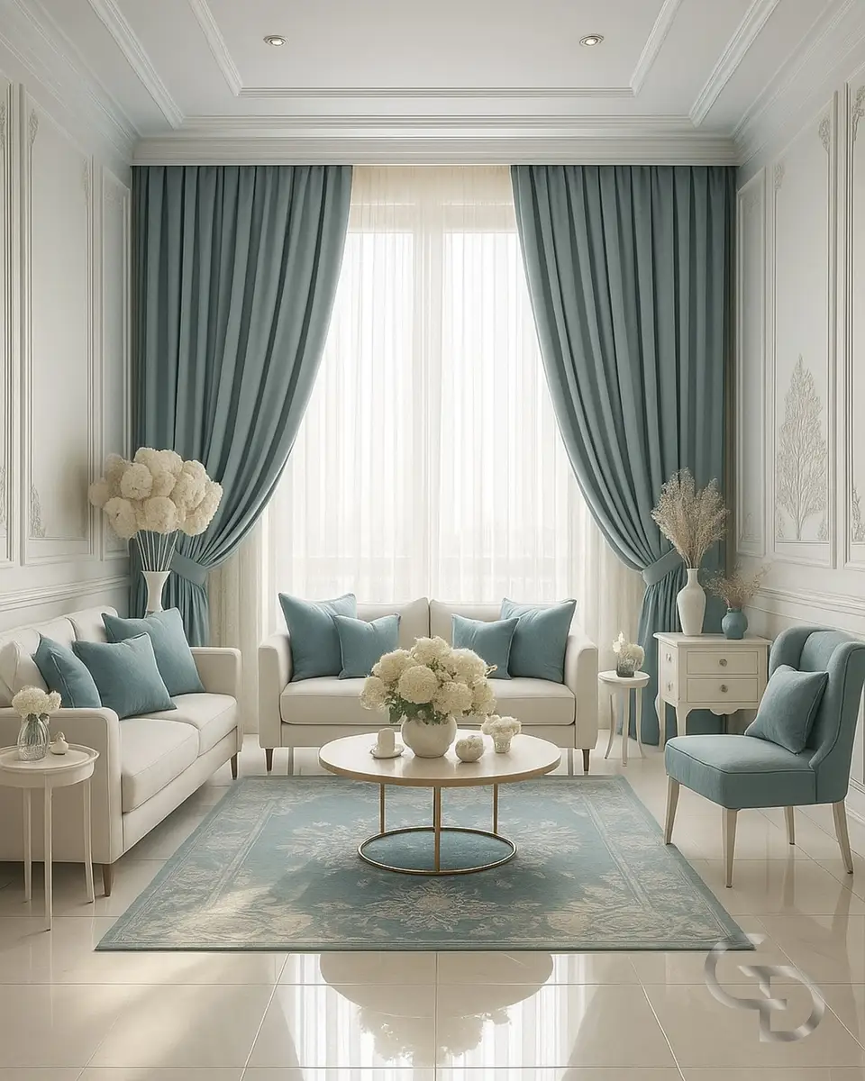 Elegant white living room with dusty blue curtains, a blue patterned rug, matching armchair, and gold accents.