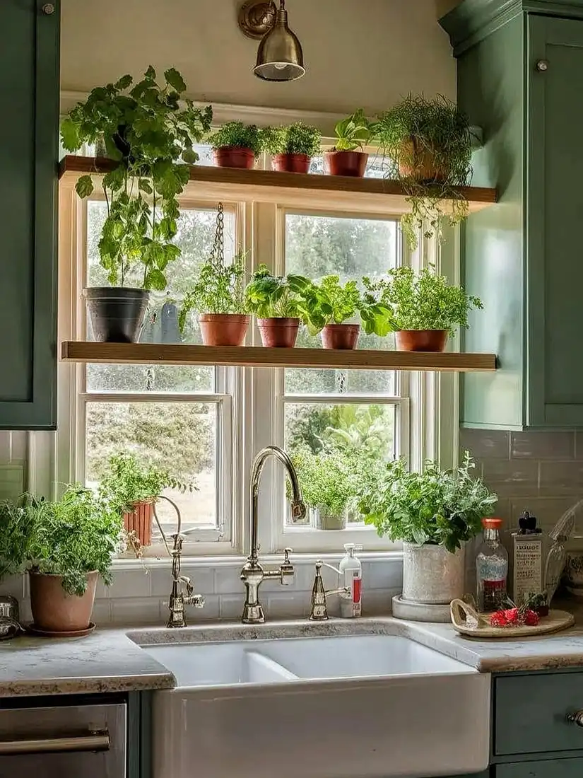 Kitchen window with wooden shelves filled with potted herbs and trailing green plants