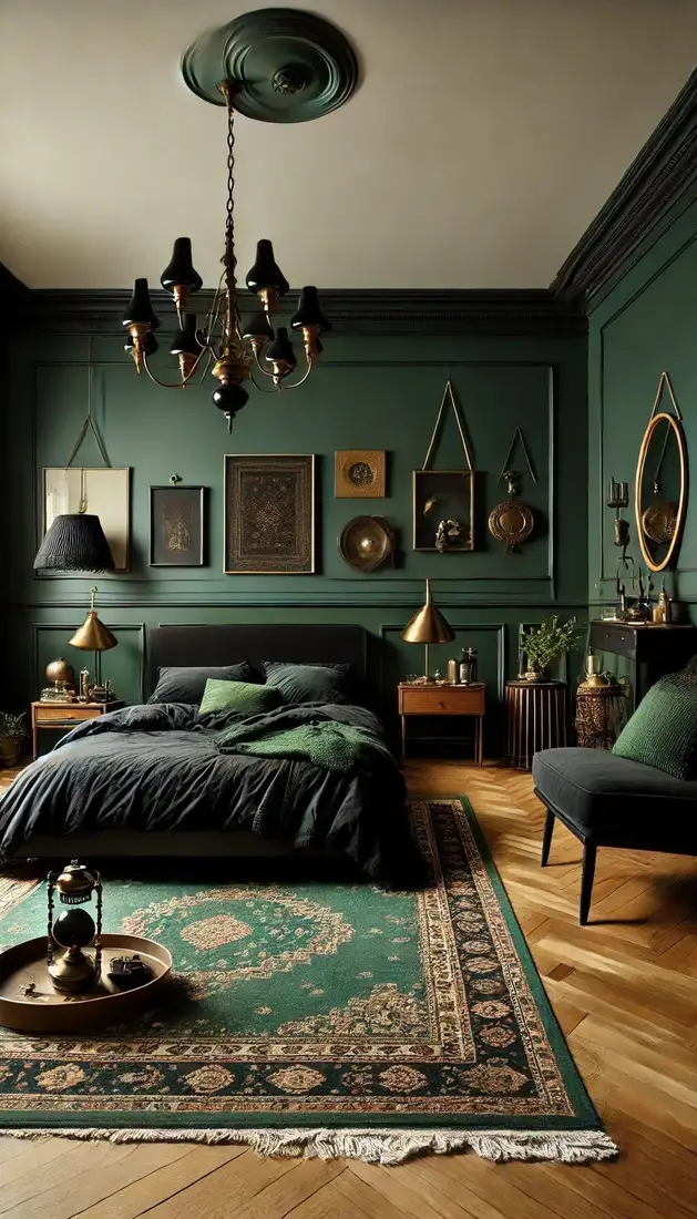 Dark green bedroom with paneled walls, green bedding, patterned rug and wood flooring