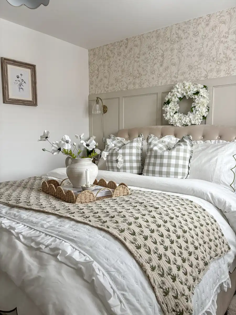 Cozy neutral bedroom with floral wallpaper, paneled walls, gingham pillows, white bedding, and soft green accents.