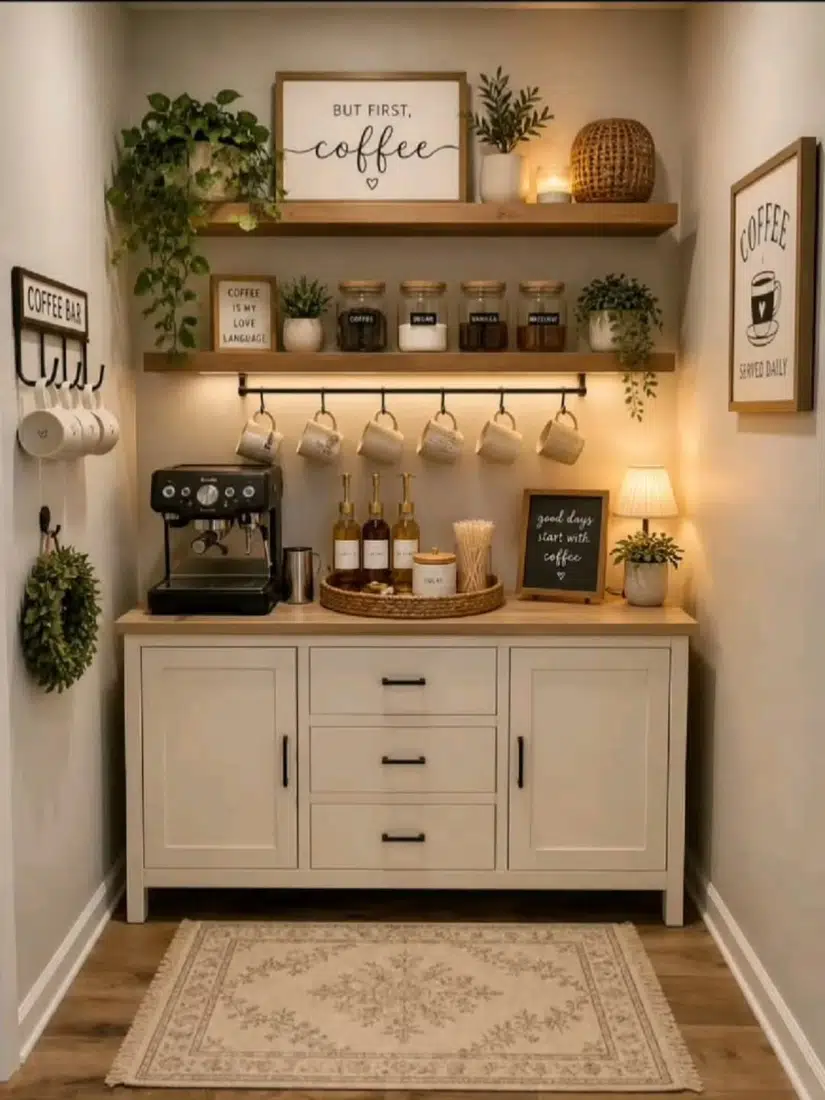 Farmhouse coffee bar built into a narrow alcove with floating wood shelves, hanging mugs, labeled jars, coffee machine, and warm lighting