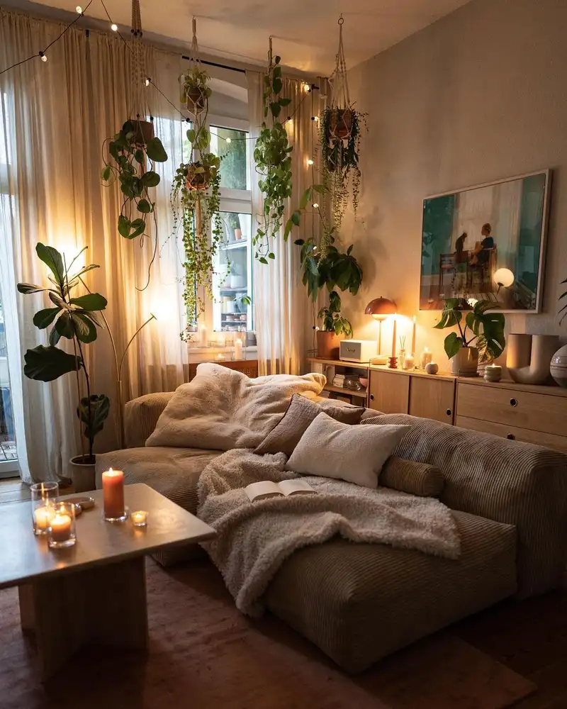 Small cozy living room with hanging plants by the windows, warm string lights, candles, and a comfortable sofa.