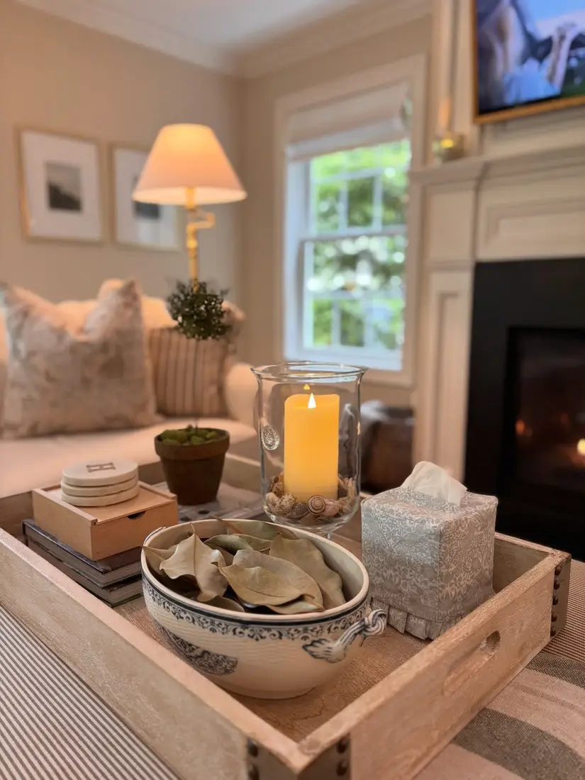 Light wood coffee table tray styled with a cream candle, patterned tissue box, small plant, bowl, and dried leaves