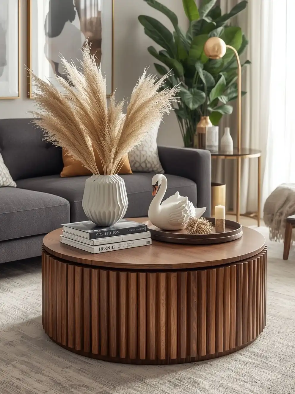 Round coffee table styled with tall pampas grass, stacked books, a tray, candles, and a decorative swan