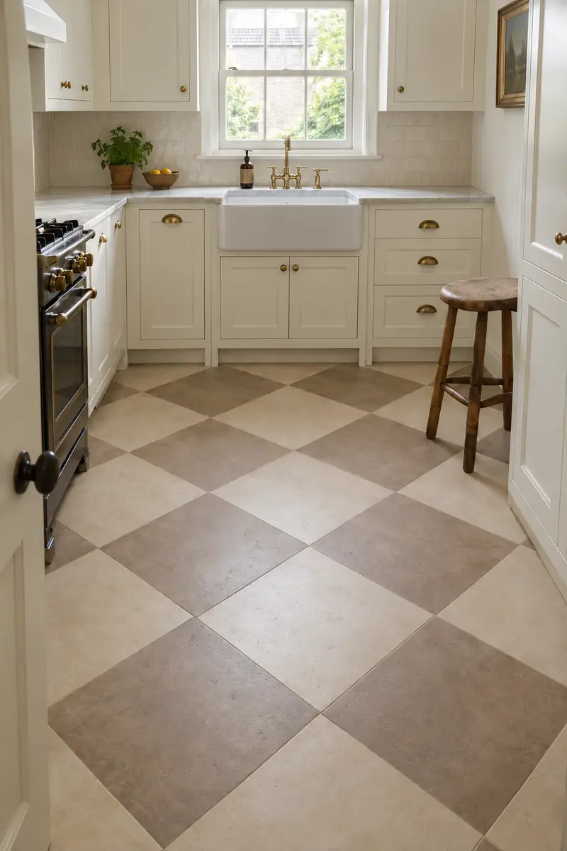 Soft checkerboard flooring with white kitchen cabinets