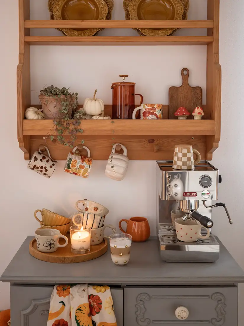 Cozy fall coffee station with warm-toned mugs, pumpkins, wooden hutch, espresso machine, and autumn decor