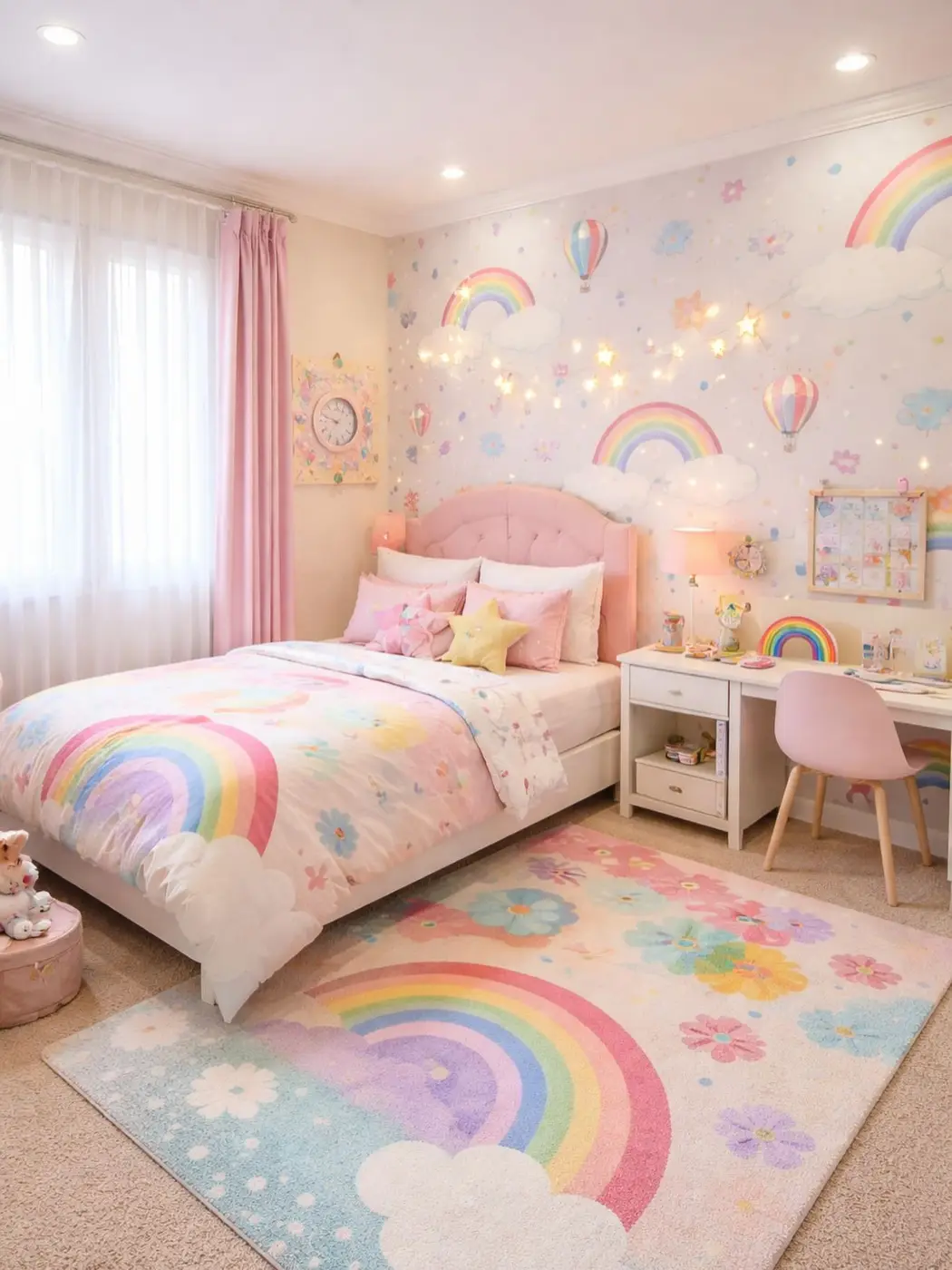 Pastel rainbow bedroom with pink headboard, colorful bedding, rainbow rug, and soft curtains