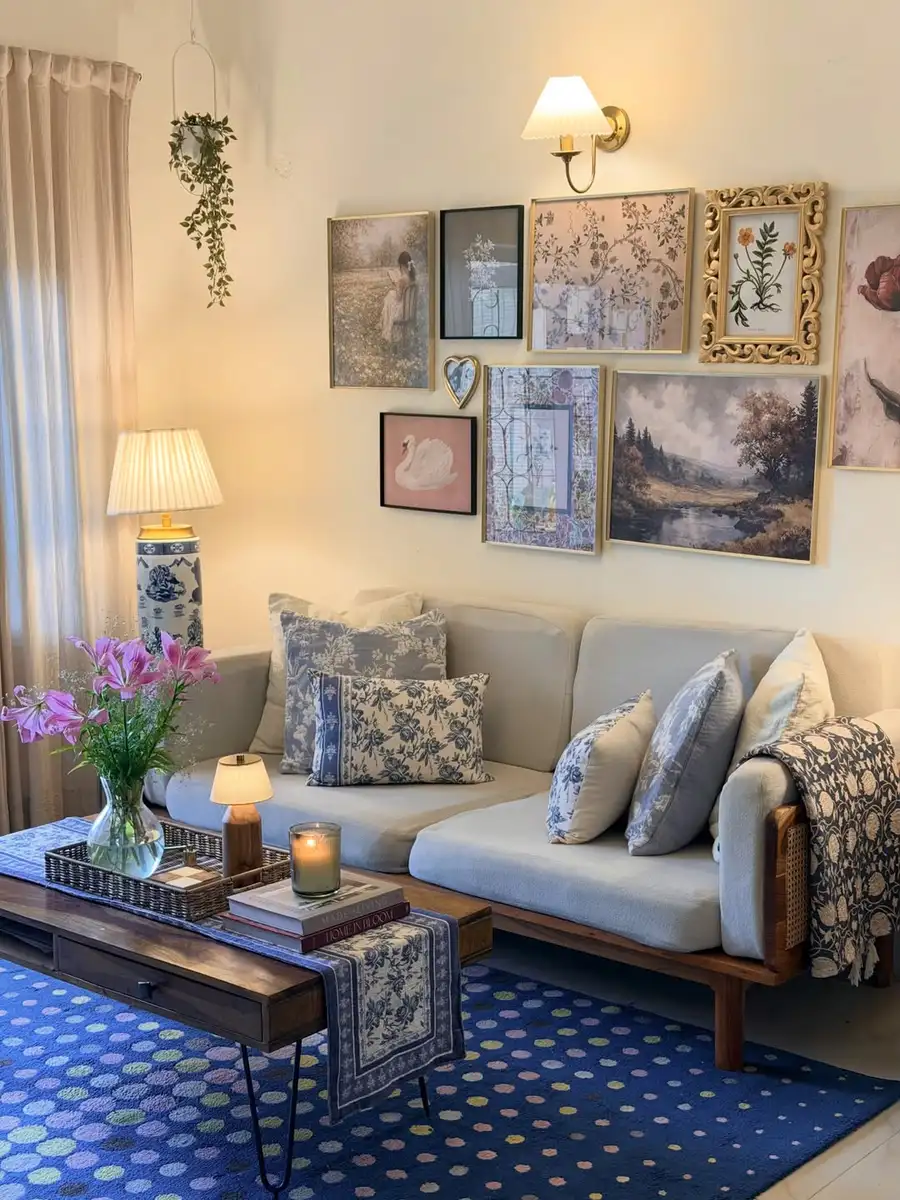 Neutral sofa beneath a layered gallery wall of vintage-style art, with blue cushions, wood arms, and warm table lamps.