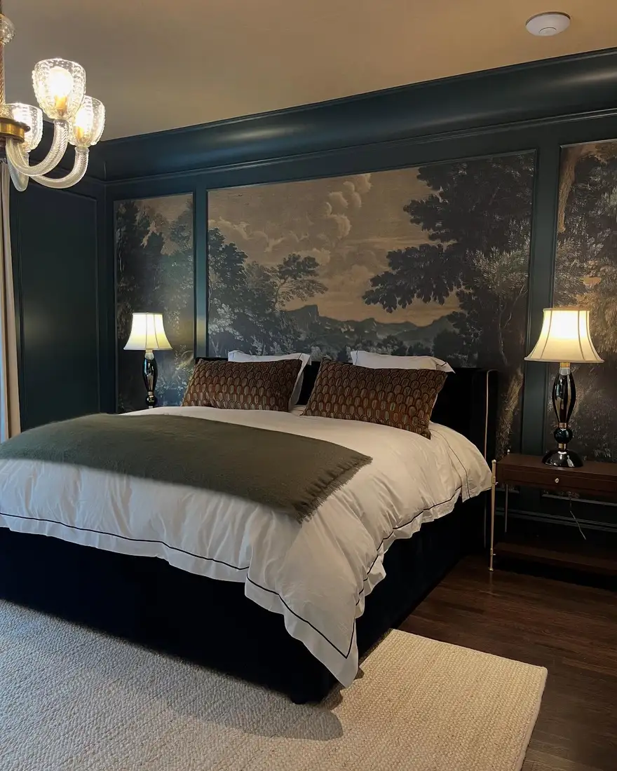 Moody bedroom with oversized landscape mural, dark walls and white bedding
