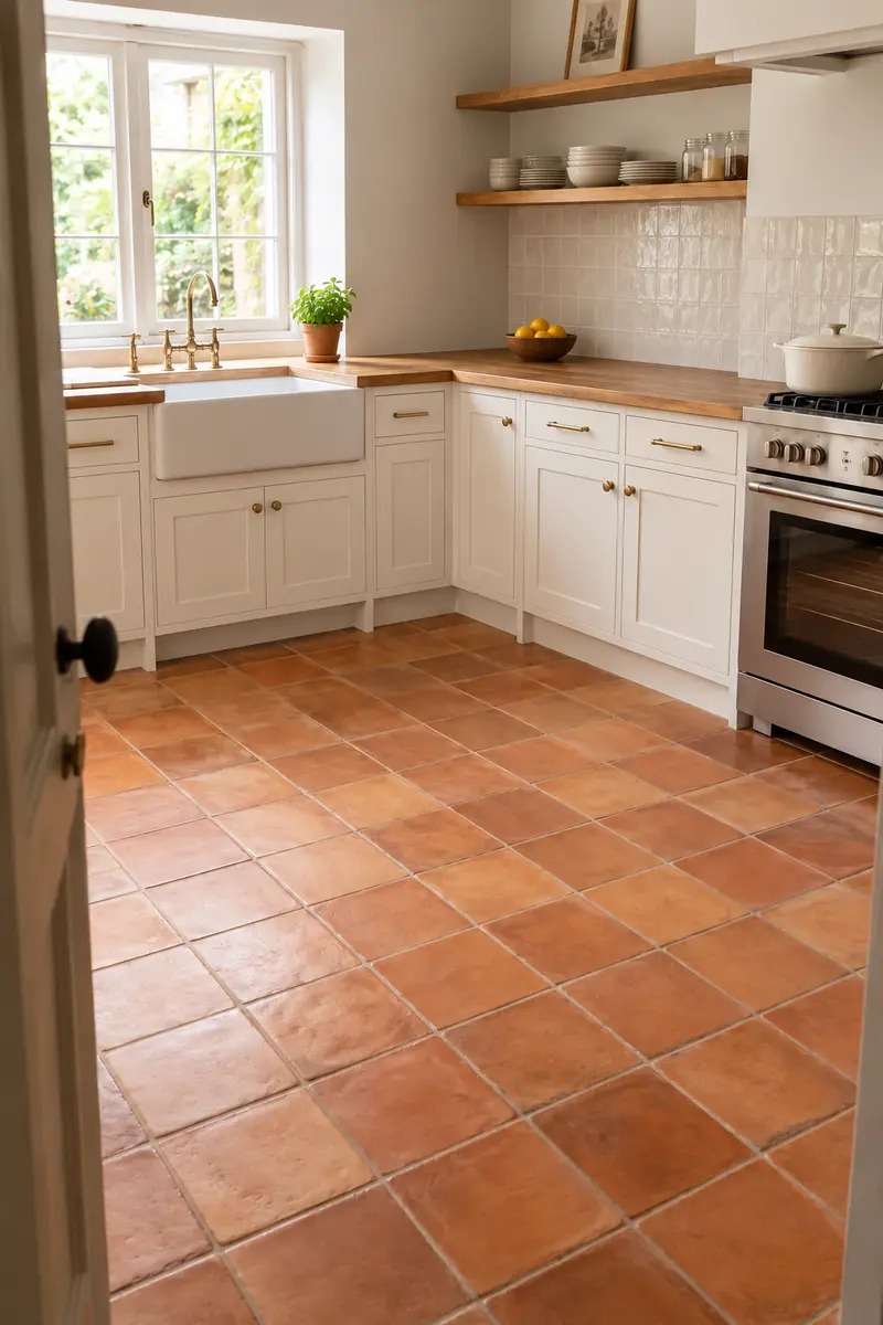 Terracotta flooring with white kitchen cabinets