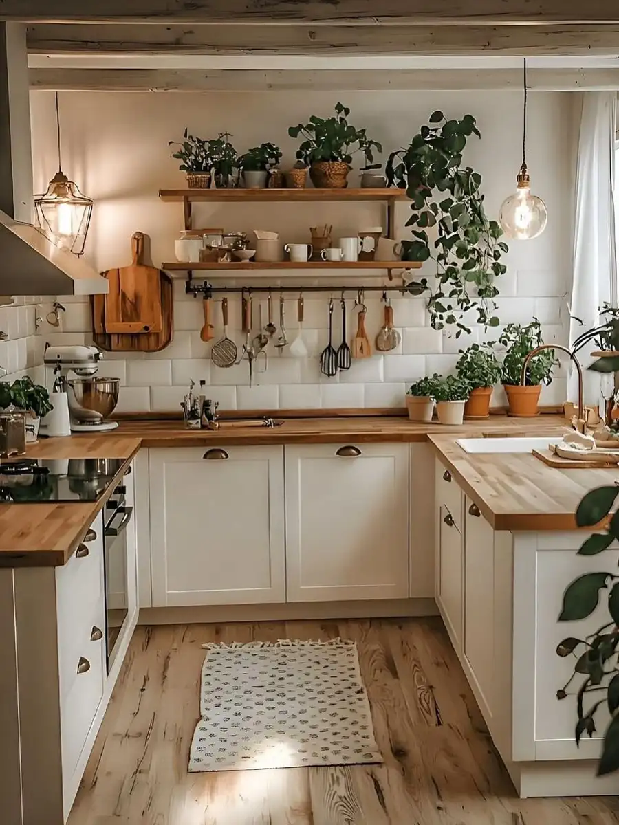 Warm wood kitchen counter with hanging utensils, cutting boards, open shelving and several green plants