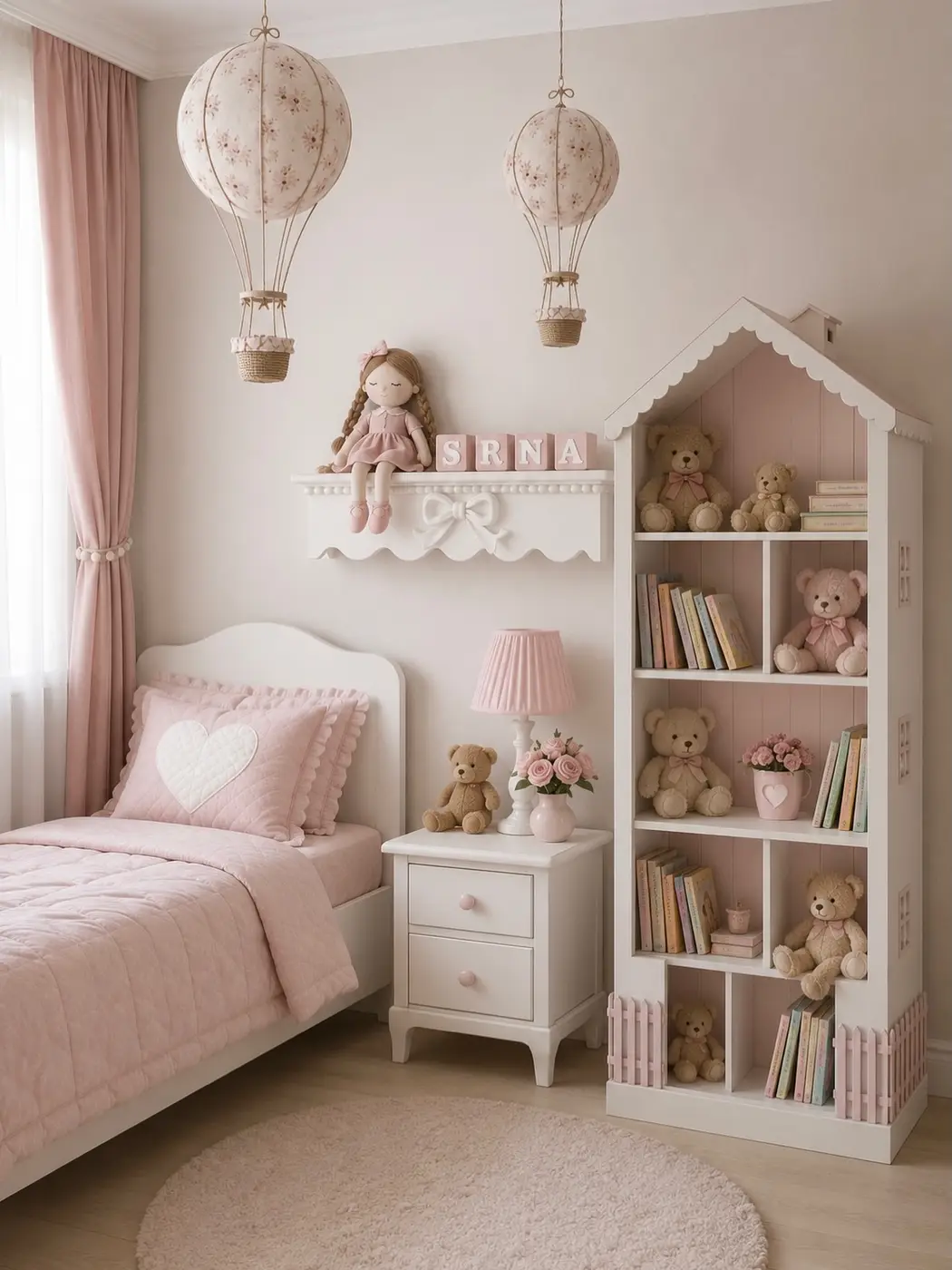 White house-shaped bookcase with pink backing, books, and teddy bears beside a girls bed