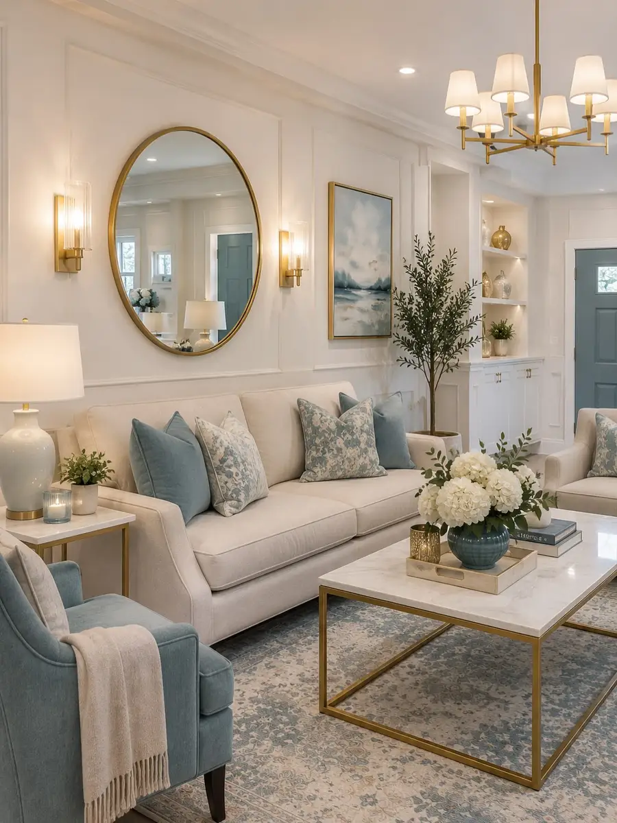 Cream and pale blue living room with a large oval gold mirror, brass lighting, blue rug, and upholstered seating.