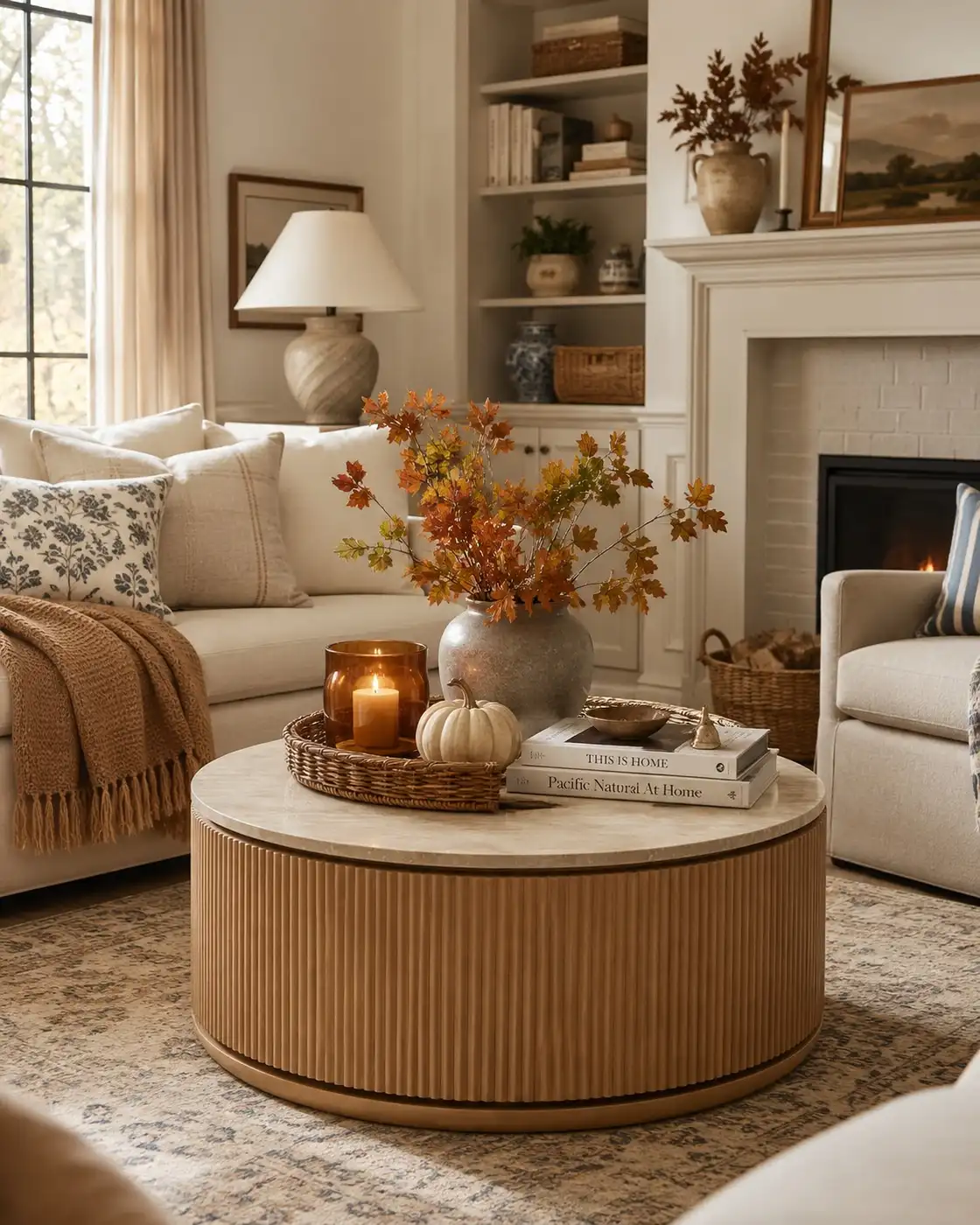 Fall coffee table decor with orange branches, stacked books, a woven tray, candle, and small pumpkin