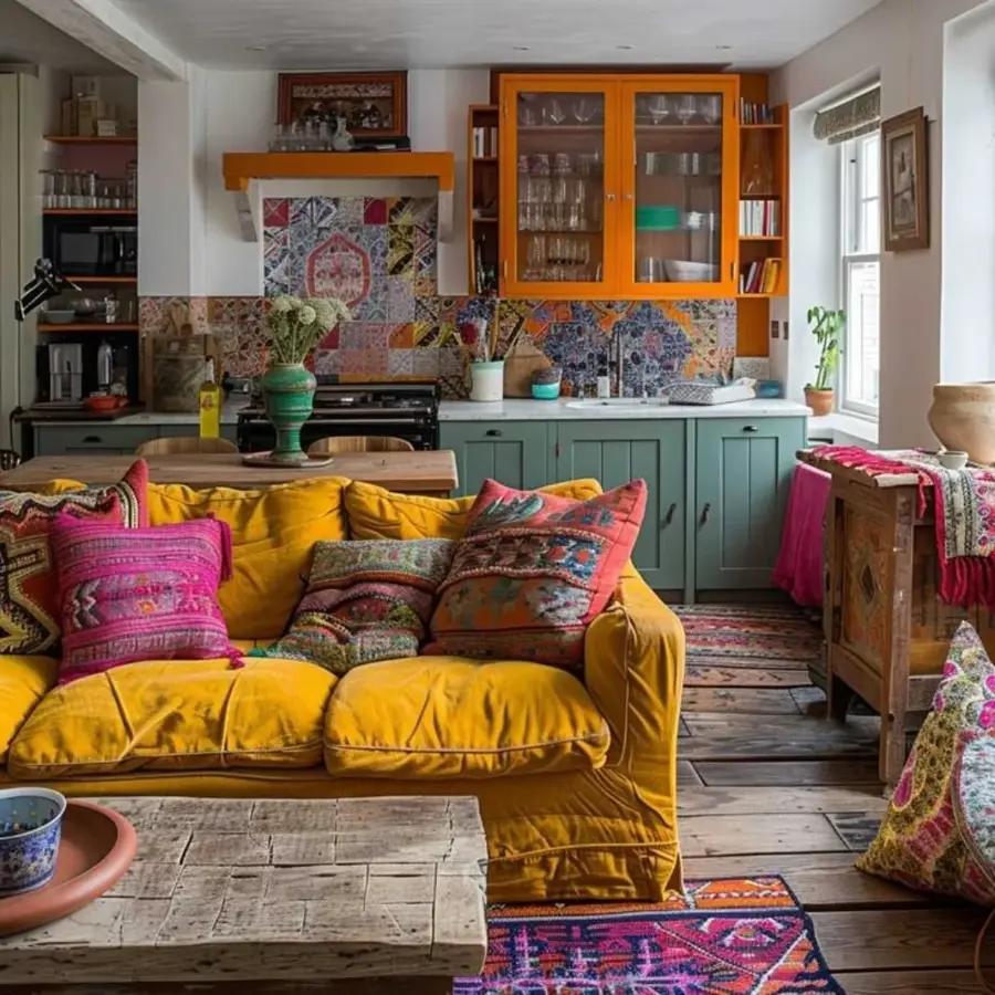 Open-plan colorful living room with mustard sofa, orange kitchen cabinets, teal cabinetry, patterned tiles, and bright cushions