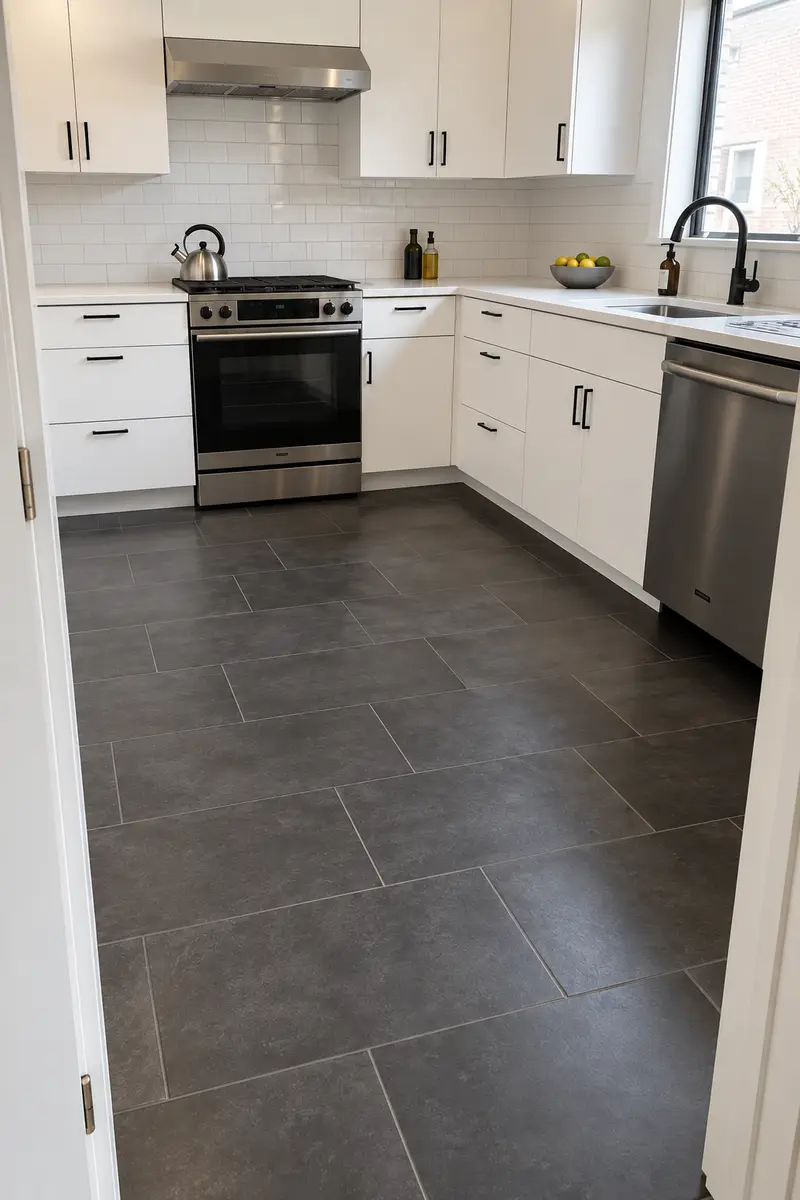 Charcoal tile flooring with white kitchen cabinets