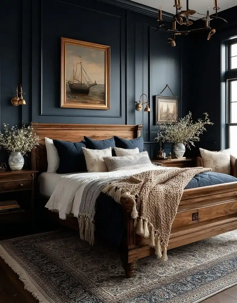 Navy paneled bedroom with warm wood bed, cream bedding and neutral textured throw