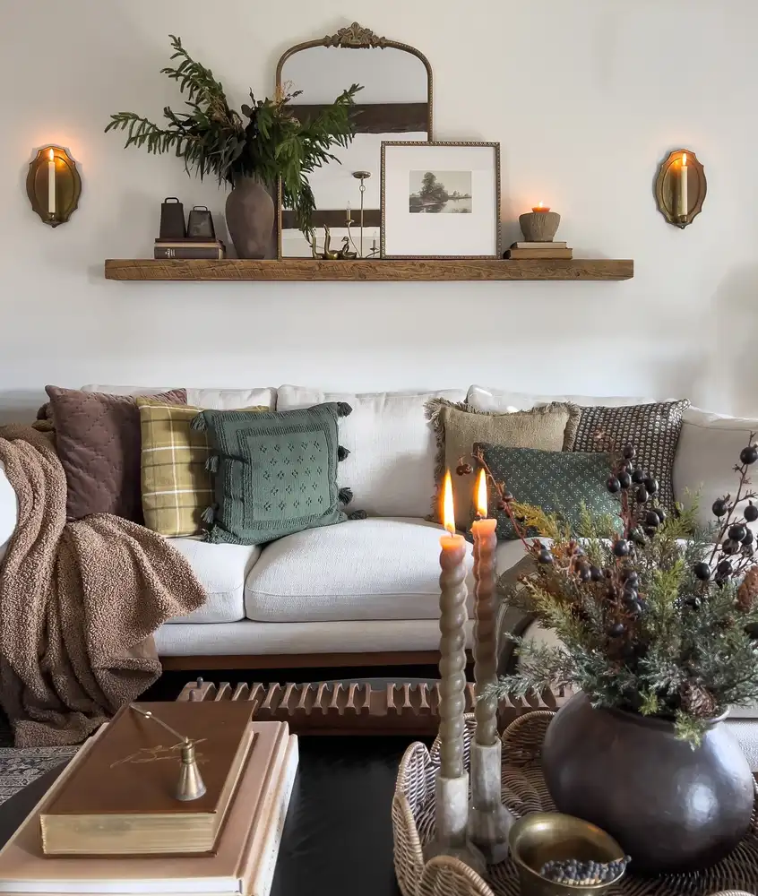 Small living room with a floating shelf above the sofa styled with a mirror, framed art, books, candles, and greenery.