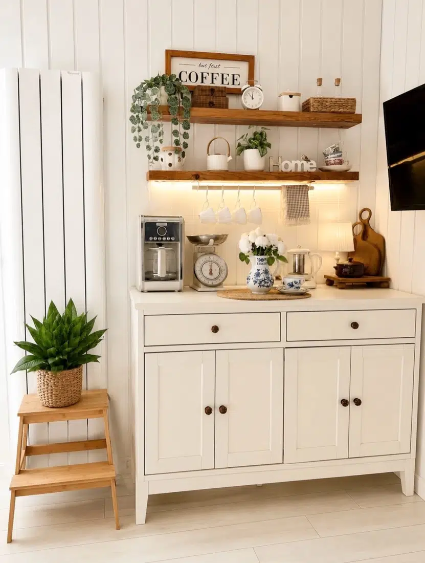 Bright farmhouse coffee bar with white cabinetry, wood shelves, blue patterned pitcher, mugs, coffee maker, plants, and soft lighting