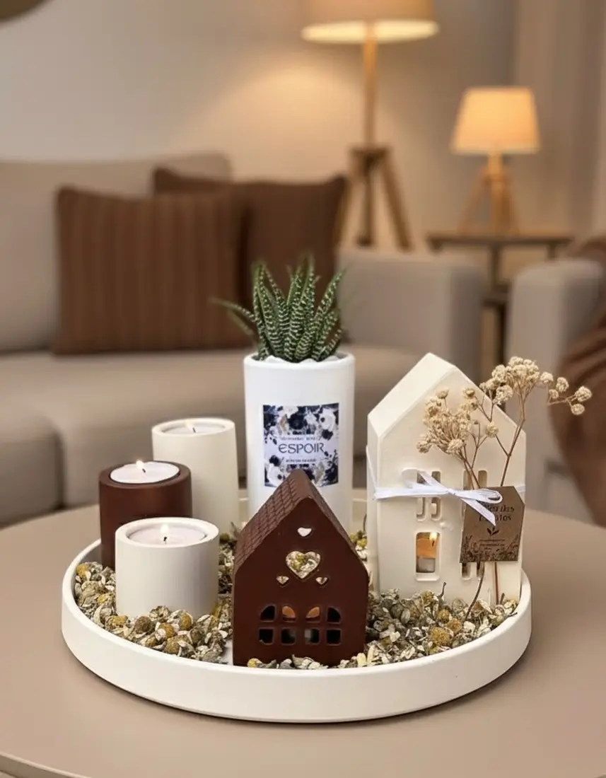 Rustic coffee table tray with miniature house ornaments, candles, succulent, dried stems, and decorative pebbles