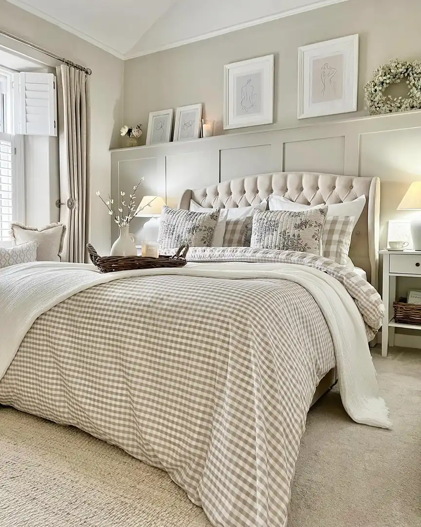Neutral bedroom with taupe gingham bedding, floral accent pillows, tufted headboard, wall paneling, and framed sketches.