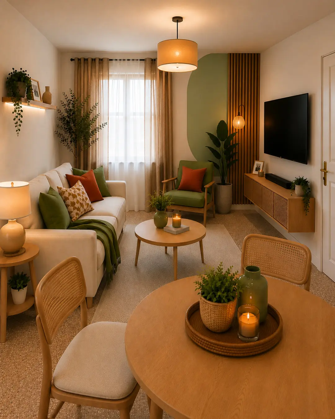 Boho narrow living room filled with hanging plants, wall shelves, woven decor, and a light sofa
