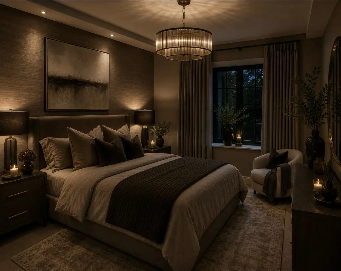 Moody brown bedroom with taupe bedding and warm bedside lighting