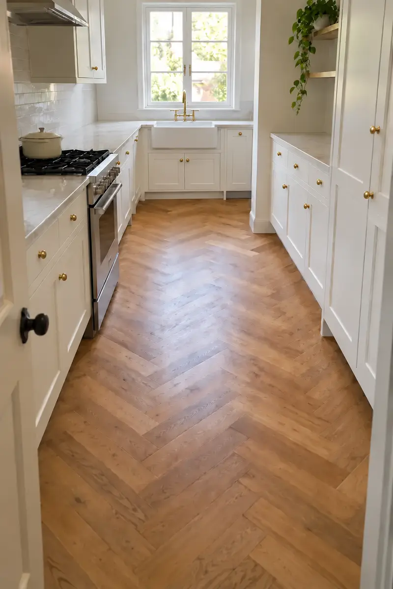 Herringbone flooring with white kitchen cabinets