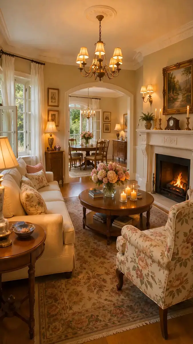 Warm traditional living room with a floral armchair, classic sofa, table lamps, fireplace, and soft evening lighting.