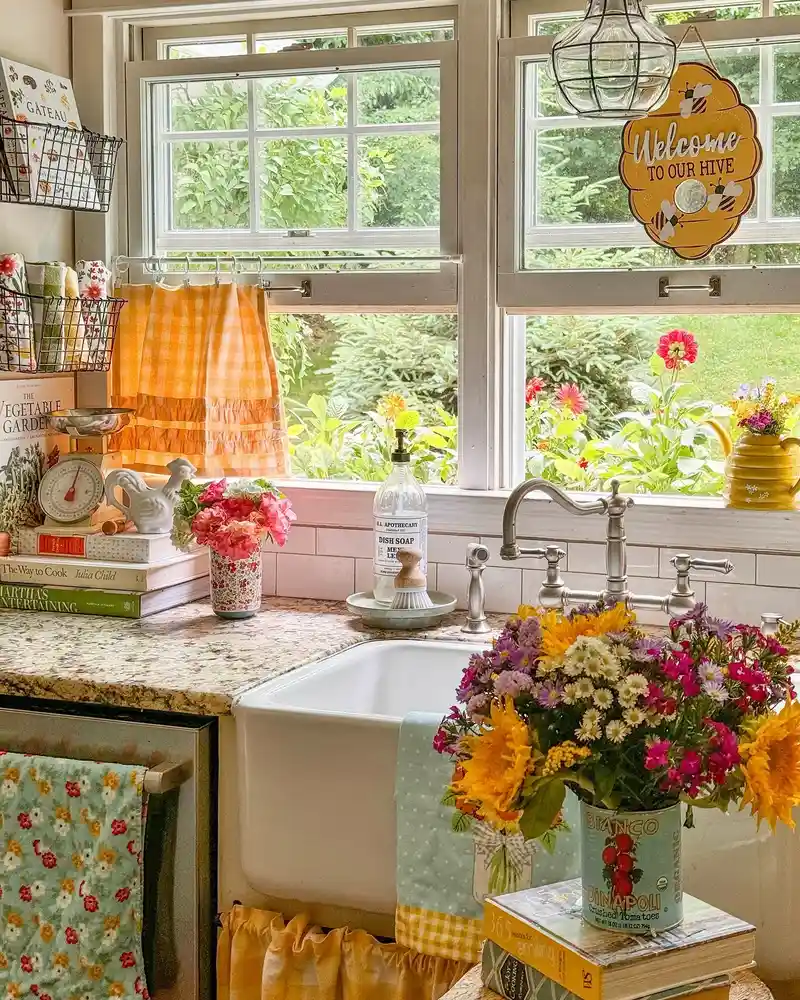 Kitchen window sill with yellow accents, warm curtain, small vessel, and bee-themed decor