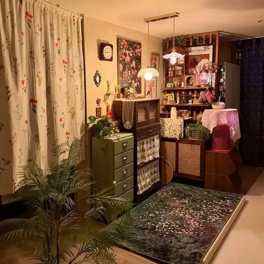 Eclectic vintage room with olive cabinet, floral curtains, cane furniture, plants, and layered decor