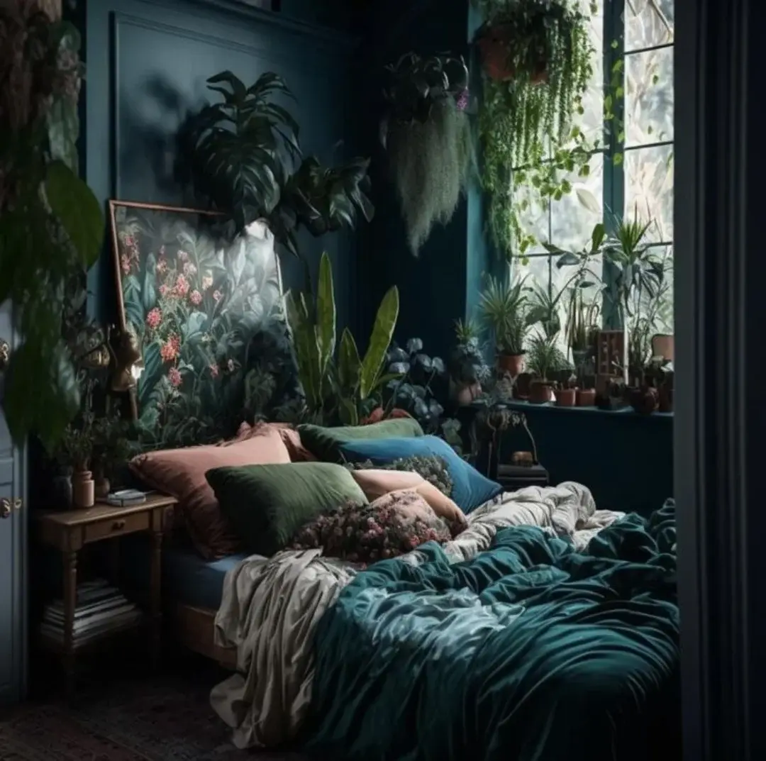 Dark teal bedroom filled with leafy plants, botanical art and layered colorful bedding